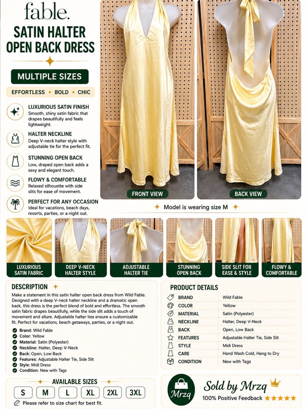 wild fable Pale Yellow Satin Halter Dress with Open Back